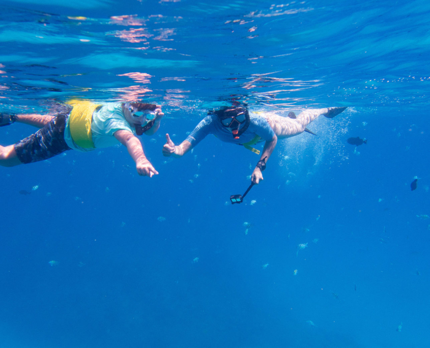 two guys snorkeling in the water